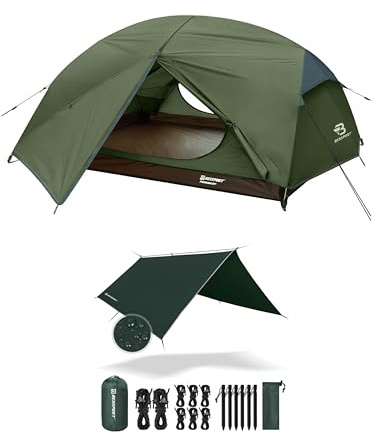 Bessport 2 Personen Zelt und Zeltplane, Camping Zelt Tarp 3m x 4m Wasserdicht PU3000 mm Tarp für Hängematte, mit Ösen & 6 Aluminiumstifte & 8 Nylonseile, Anti-UV Geeignet für Camping, Picknick, Hängem