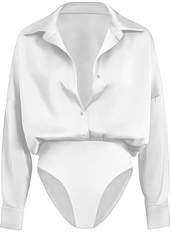 Womens Shirts Satin Long Sleeve Bodysuit Shirt Collared Button Down Blouses Work Office Elegant Casual Tops Smooth Silky Slim Fit Blouse Bodysuits for Women UK S-XXL