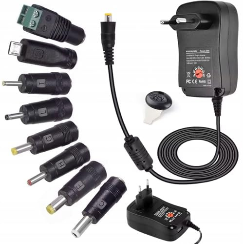 Fuente de alimentación universal 30 W 3 – 12 V ajustable 1,2 A con 8 enchufes, incluye conector micro USB LED USB 5 V enchufe europeo 1 m cable certificado CE para router, audio, juguetes