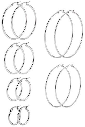 SNAGAROG 6 Paar Runde Ohrringe Set,Damen Silber ohrschmuck Edelstahlohrringe hypoallergene Ohrringe,6 Größen creolen Silber Set, geeignet für Damen und Mädchen