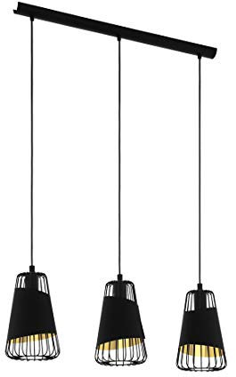 EGLO Pendelleuchte Austell, 3 flammige Hängelampe Industrial, Vintage, Hängeleuchte aus Stahl und Textil in Schwarz, Gold, Esstischlampe, Wohnzimmerlampe hängend mit E27 Fassung