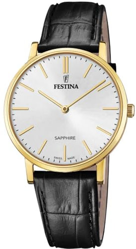 Festina Uhr Für Herren F20016/1 Swiss Made Gold Edelstahl Case SchwarzLeder Band