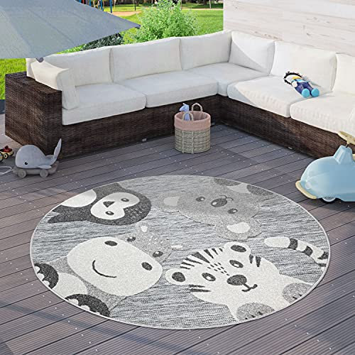 Paco Home Kinderteppich Kinderzimmer Outdoor Teppich Rund Spielteppich Modern 3D Effekt, Grösse:Ø 160 cm Rund, Farbe:Grau 3