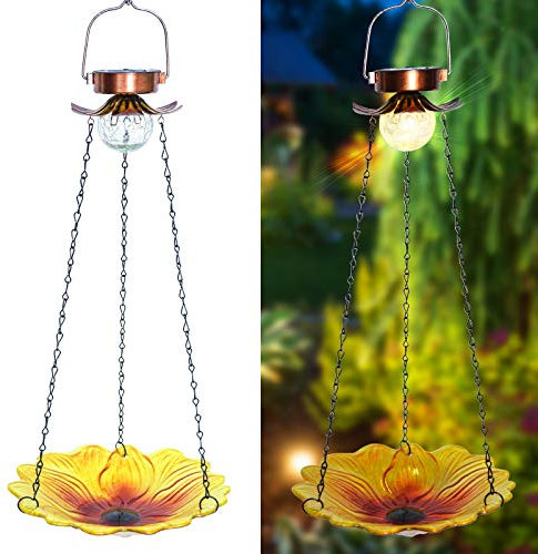 ALLADINBOX Solar-Vogeltränke zum Aufhängen, für den Außenbereich, 61 cm, Glas, Vogelfutterstation, Sonnenblumentablett, Knisterkugel, Licht, wasserdicht, Hof, Gartendekoration