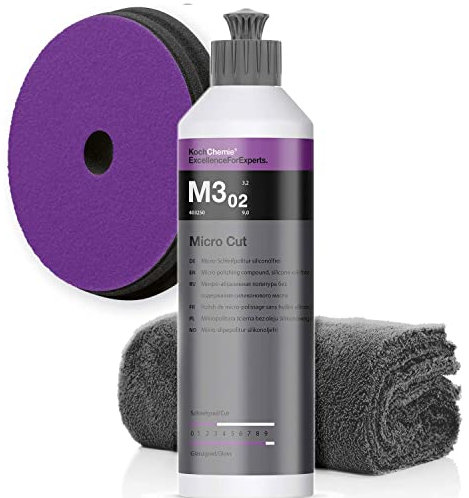 detailmate Koch Chemie Politur Set: Koch Chemie Micro Cut M3.03 Politur 250ml + Koch Chemie Micro Cut Pad 150x23mm Mikrofasertuch 550GSM, 40x40cm