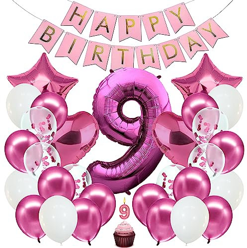 envami® Geburtstagsdeko Pink für Mädchen - Happy Birthday Deko Set mit Folienballon und Luftballon für 9. Kindergeburtstag