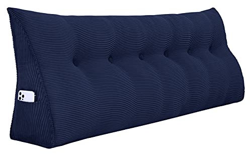 VERCART Rückenkissen Bett Rückenlehne Keilkissen Kopfteil Gepolstert Lesekissen Wandkissen Lendenkissen für Couch, Groß Sofakissen Kopfkissen, Stützkissen, Nackenkissen Kordsamt Bezug Dunkelblau 180cm