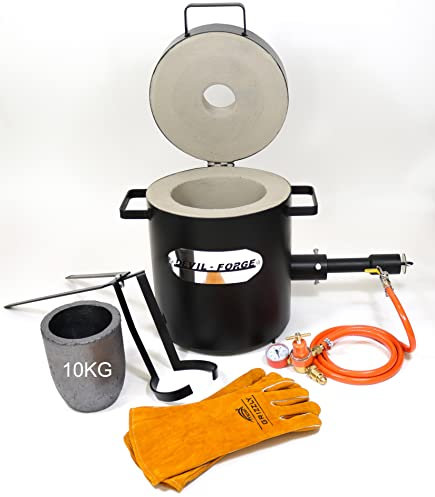 DEVIL-FORGE Propan Metall Schmelzofen 10Kg FB2M Full Kit, DFC Brenner (180.000 BTU), Schmelztiegel, Zange, Hitzebeständige Handschuhe, 1450°C Kupfer Aluminium Messing Bronze Silber usw PREMIUM