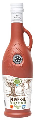 KORVEL Huile d'olive - Vierge Premium AOP Kalamata Extra Virgin 500ml - Récolte fraîche - Faible acidité - Pressé à froid 500 ml - Olives Koroneiki - Grèce - Bouteille verre amphore - Gourmet