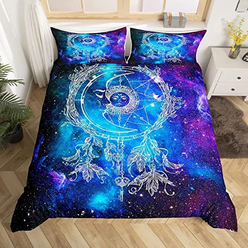 Bettwäsche-Set für Galaxy 200 x 200 cm, Mädchen, Kinder, Jugendliche, Sonne, Mond, Schlafzimmer, Hippie, Bohemian-Stil, niedlich, Boho, Sternenmuster, Bettwäsche, Violett, Blau