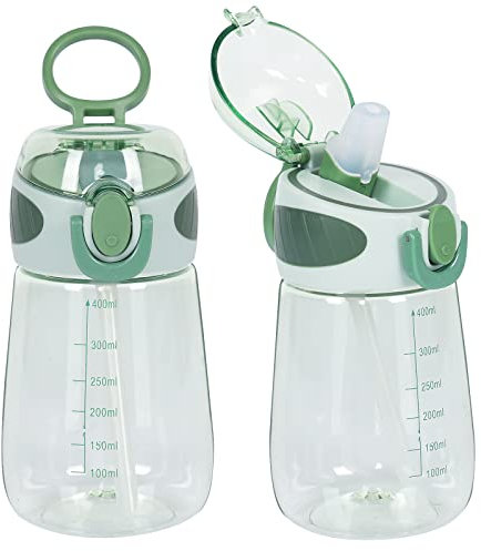YOBOKO Water Bottle with Straw BPA Free Lightweight 14oz Water Drinking Bottle with Handle Wide Mouth Leak Proof Cute Straw Bottle for Boys Girls Adults (Green)