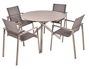 Dynamic24 Garden Pleasure 5tlg. Tischgruppe 4 Personen für Garten Terrasse Balkon Sitzgruppe Stapelstuhl Tisch rund Stuhl Möbel Edelstahl Metall Gartenmöbel modern