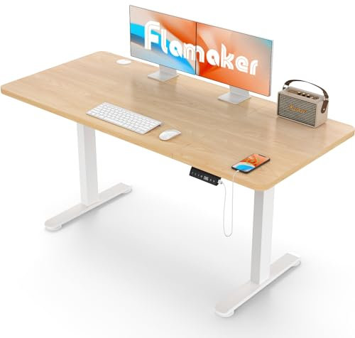 Flamaker Höhenverstellbarer Schreibtisch 140 x 70 cm, Schreibtisch Höhenverstellbar Elektrisch mit Memory Funktion, Computertisch mit Kabelmanagement, Standing Desk, Stehpult, Bürotisch, Beige