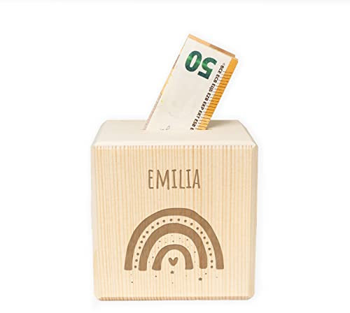 Personalisierte Kinder Spardose mit Namen aus Holz Geschenk Geschenkideen zum Geburtstag zur Einschulung, Taufe, Geburt Gravur MotivSparschwein für Jungen und Mädchen hellomini (Regenbogen)