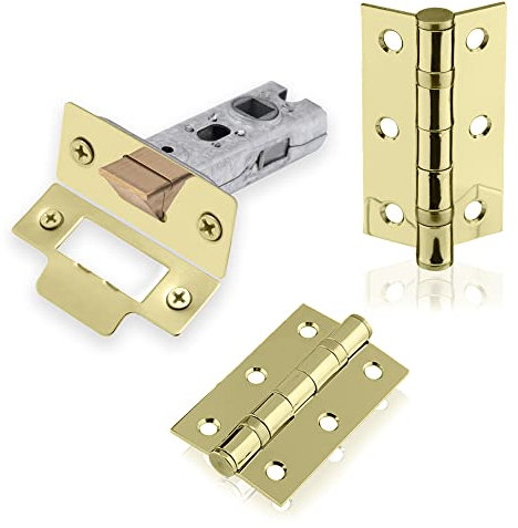 XFORT Polished Brass Tubular Latch Door Accessory Pack, Includes 65mm Polished Brass Tubular Latch and Matching 75mm Ball Bearing Hinges, for Internal Wooden Doors.