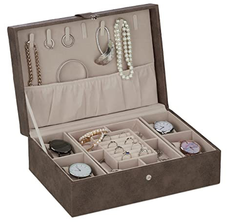 Relaxdays Schmuckkästchen, Lederoptik, Samt, Schmuckkasten für Damen & Herren, HxBxT: 10 x 29 x 20 cm, Schmuckbox, braun