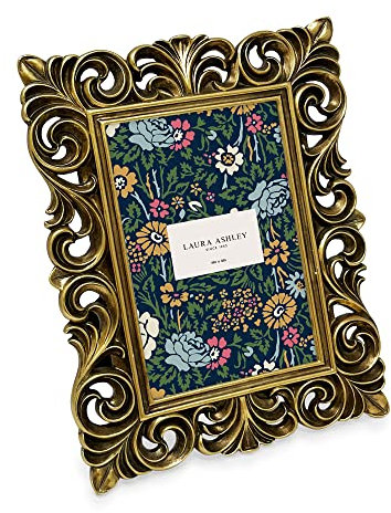 Laura Ashley 4x6 Gold Vintage Inspired Resin Scroll Design Picture Frame with Thin Border, Horizontal & Vertical for Tabletop and Wall Display, Home Décor (4x6, Gold)