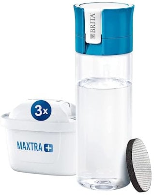 BRITA - Bouteille filtrante d'eau vitale, 3 filtres MAXTRA+ et 1 filtre MicroDisc en cadeau - Pack - Filtre jusqu'à 60 litres - 1 filtre dure 1 mois - Réduit le calcaire et le chlore - Bleu