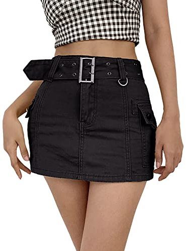 Jeansrock Damen Knielang Stretch: Rock Teenager MäDchen Trend 2023 Sommerrock Mit GüRtel Plisseerock High Waist Minirock Enges Partyrock Egirl Rock Faltenrock/Wickelrock/Denim-Rocke