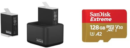 GoPro Dual-Akkuladegerät + 2 Enduro-Akkus – Offizielles GoPro-Zubehör, ADDBD-211-EU & SanDisk Extreme microSDXC UHS-I Speicherkarte 128 GB + Adapter