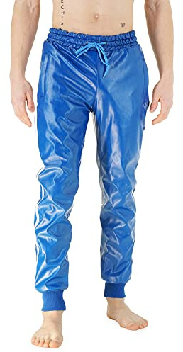 Bockle® Boyjog Kunstlederhose, blaues Vegan Leder, weißer Streifen | Faux Jogginghose, Trainingshose