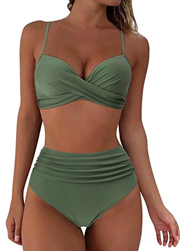 RXRXCOCO Damen Wickel Push Up Bikini Oberteil Bauchweg High Waist Bikini Set Bademode Armeegrün Size M
