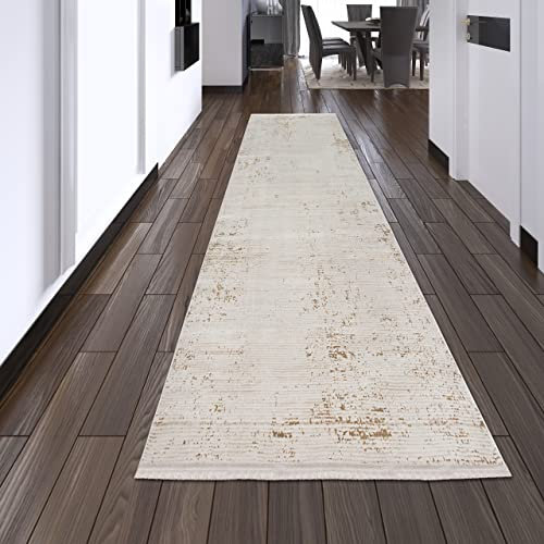 Teppich-Traum Teppich Flur Abstrakt Modern Designer Vintage Pflegeleicht Hautsympathisch Schmutzabweisend - Gold weiß, 80 x 300 cm