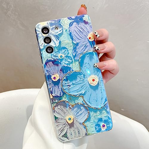 FIFTHAVE Handyhülle Samsung S22 Ultra Ölgemälde Hülle Blumen Muster Schutzhülle Silikon Case 3D Florals Motiv Ultra Dünne Cover Aesthetic TPU Bumper für Samsung Galaxy S22 Ultra 6.8'' Blaue Blumen