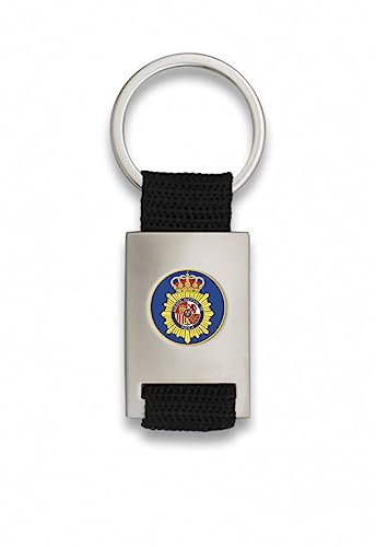 ADCSHOP Llavero con escudo Policia Nacional de España en gota relieve sobre metal cromado mate – cinta resistente negra de Nylon trenzado – mide 8,50 cm – Pesa 33 grs.