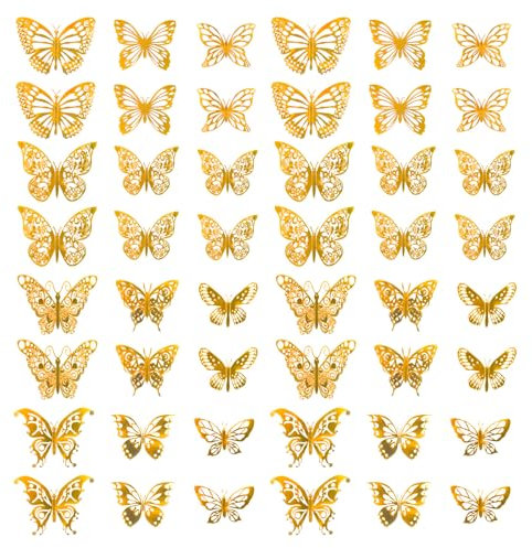 RTRTGS 48 Stück Mixed 3D Schmetterlinge Wandtattoos,3D Schmetterlinge Deko Butterfly Wandsticker,lebendige Flash Wandaufkleber für Zuhause,Schlafzimmer,Kinderzimmer Mädchen (Gold)