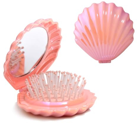 Maji Mama Foldable Travel Hair Brushes with Mirror Shell Shape Portable Folding Pocket Hair Brush Mini Hair Comb Compact Size Hair Massage Comb