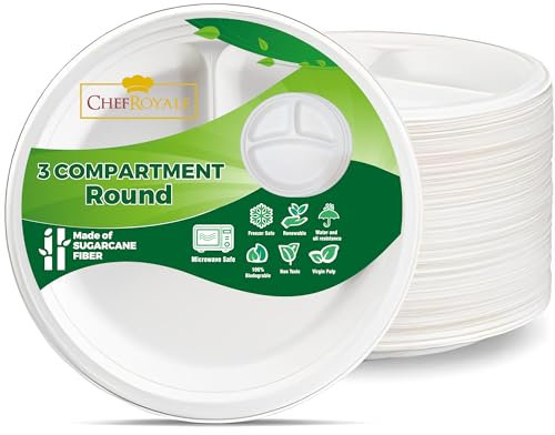 CHEF ROYALE 100 White Disposable Bagasse Sugarcane Plates, 3CP Large White Bagasse Plates for Everyday Use, 3 Compartment Food Tray Eco-Friendly, Biodegradable and Compostable, Ideal for Picnics
