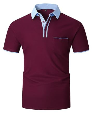 KUNJLELP Herren Poloshirt Kurzarm,100% Baumwolle,Sommer Slim Fit Sports Golf Polohemd Blau Patchwork Kragen T-Shirt M-3XL,Rot,XXL