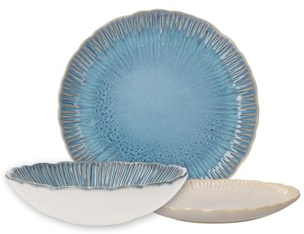 Keyhomestore- Servizio 12 pezzi piatti mare, con motivo corallo in ceramica alta qualità azzurri: 4 fondi, 4 piani, 4 dolce/frutta, design elegante e resistente.
