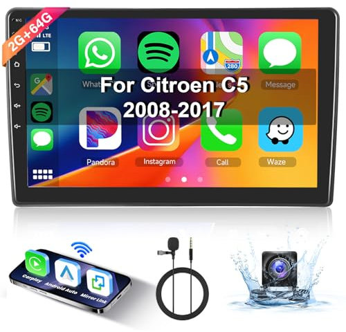 【8 Núcleo 2+64G】 Hodozzy Carplay Radio Coche para Citroen C5 2008-2017,10 Pulgadas Autorradio Android con Pantalla Táctil con WiFi/GPS/RDS/FM/Bluetooth/USB/DSP