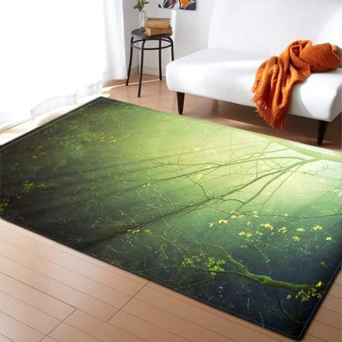 HATEGE Tapis Salon 60 x 100 cm Forêt, Tapis Chambre Lavable 3D Vert, Forêt Tapis de Cuisine, Tapis de Salon 968AZ