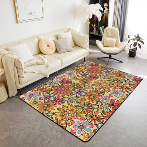 Retro 70er Jahre 60er Jahre Floral Hippie Dekorative Teppich 150x200,Sommer Groovy Blumen Indoor Bodenmatte für Raum Sofa, Böhmische Pflanze Nicht Verschütten Teppich für Kinder Teen Boys Mädchen