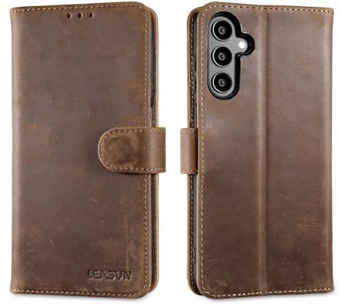 LENSUN Coque pour Samsung Galaxy A15 4G, Étui en Cuir Véritable Pochette de Portefeuille Housse Rangements Cartes et Fermoir Magnétique pour Samsung Galaxy A15 5G- Marron Foncé Rétro