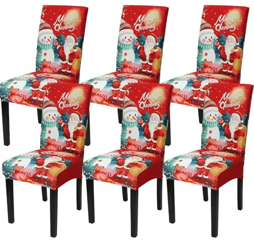 Betylifoy Weihnachten Stuhlhussen, Stretch Weihnachten Esszimmerstuhl 6er Set Stuhlbezug mit Nikolaus Weihnachtsstuhl Schutzhüllen Für Esszimmer Hotel Hochzeit Urlaub Party Dekor (Rot-Schneemann)