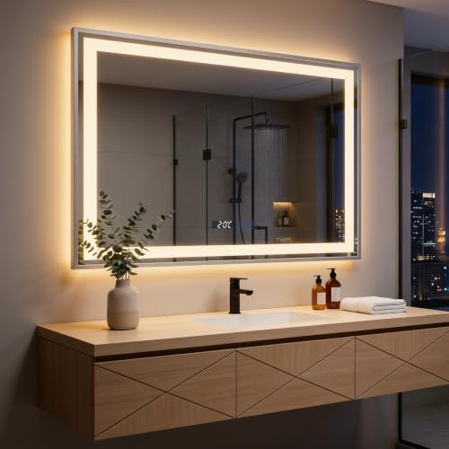 YOURLITE Badspiegel mit Beleuchtung 80x60cm,LED Badezimmerspiegel | Badezimmer Spiegel mit Touch-Schalter,3 Lichtfarben Dimmbar,Uhr,Speicherfunktion,Anti-Beschlag,Wandspiegel,Silber
