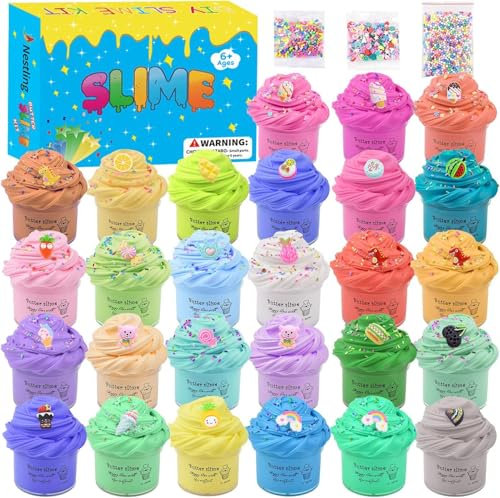 Fluffy Butter Slime Kit 27 Pack, DIY Putty Slime Toy with Cute Mini Charms and Stuffers, Soft and Non-Sticky, Stress Relief Toy for Kids, Birthdays, Festivals and Party Gift