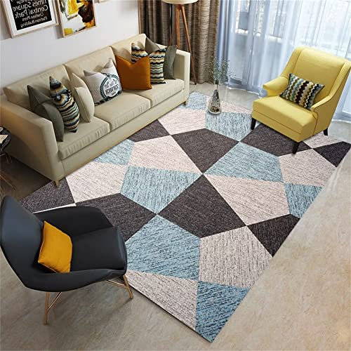 Tapis à motif géométrique bleu café 140 x 200 cm, décoration de chambre pour homme, tapis de sol avec isolation phonique, accessoires de chambre à coucher
