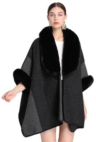Cool&D Damen Poncho Cape Winter Umhang Tweed Jacken mit Kunstfell Kragen (DE/NL/SE/PL, Alphanumerisch, Einheitsgröße, Regular, Regular, Schwarz)