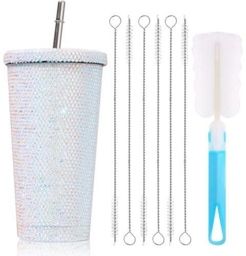 500 ml Diamant-Wasserflasche, Bling Edelstahl, Vakuum-Thermo-Trinkhalm-Deckel, Glitzer-Diamant-Nieten, Glitzer-Wasserflasche mit Deckel, 1 Tassenbürste und 6 Strohhalme (weiß)