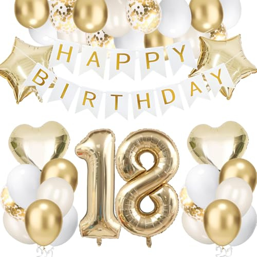 18 Geburtstagsdeko Gold, Folienballon 18 Happy Birthday Banner Hellgold Stern Herz Luftballons Sandweiß Gold Geburtstag Deko Konfetti Balloons fü Jahre Männer Frauen