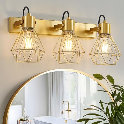 Epinl Bathroom Vanity Light Fixtures: 3 Lights 90° Rotatable Gold Wall Lights Over Mirror with Metal Lampshade, E27 48CM Vintage Farmhouse Indoor Bathroom Lighting Fixture for Bedroom Living Room