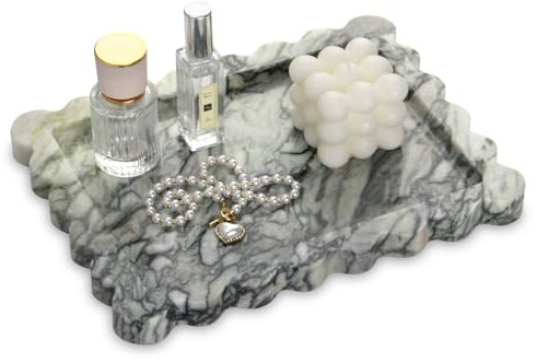 Scalloped Marble Decorative Tray,Luxury Natural Stone Bathroom Vanity Tray, Dresser Top Perfume Coffee Home Kitchen Toilet Sink Tray for Key Trinket Ring (Green Emerald, 10.8 * 8)