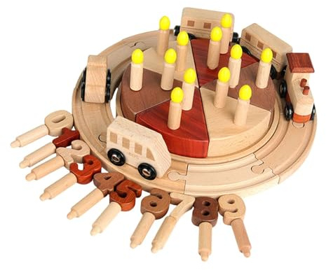 Fenteer Zug mit Geburtstagstorte aus Holz mit Kerzen und Zahlen, Lernspielzeug, pädagogisches Spielset aus Holz für Party, Urlaub, Jungen und Mädchen