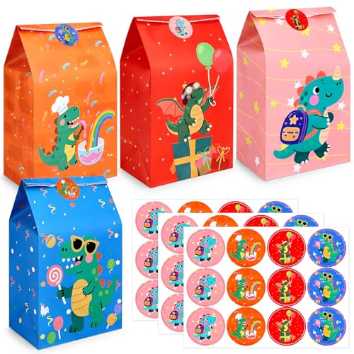 Tatxmalv 24 Stück Dinosaurier Papiertüten für Kindergeburtstage, Candy Tüten für Süßigkeiten, Geschenke, Snacks, Popcorn zu Halten, Geschenktüten Bunt mit 36 Runden Aufkleber, 24 x 13 x 8