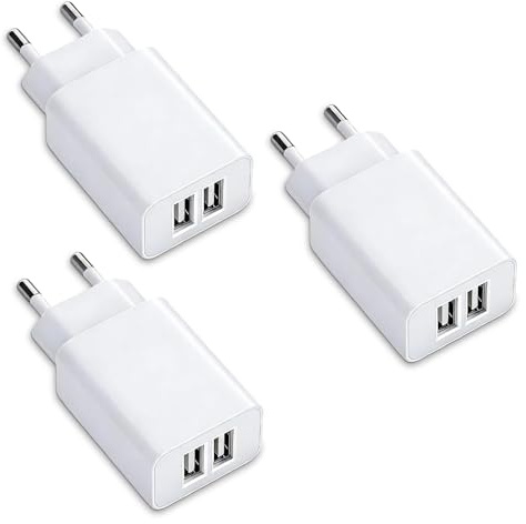 Cargador USB 3 Pack 5V 2A 10W, Enchufe Doble USB con 2 Puertos | Adaptador 100-240V, Cargador USB de Pared Compatible con iPhone Samsung Xiaomi Huawei Tablets Powerbank, Blanco